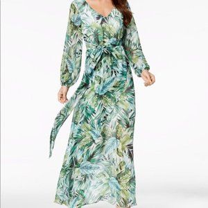 NWT Nine West Ivory Green Leaf Chiffon Maxi Dress